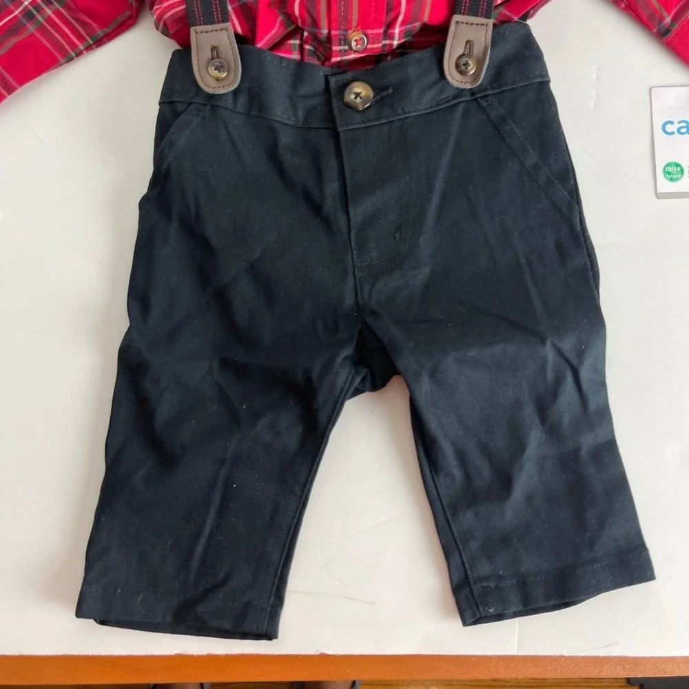 Carters Baby Boys 12M 4-Piece Plaid Shirt Suspenders Pants Bow Tie Set Red Black